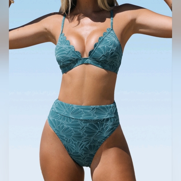 Cupshe - Women's - Bikini Scalloped Cross Back High Waist Swimsuit - Large - Picture 6 of 7